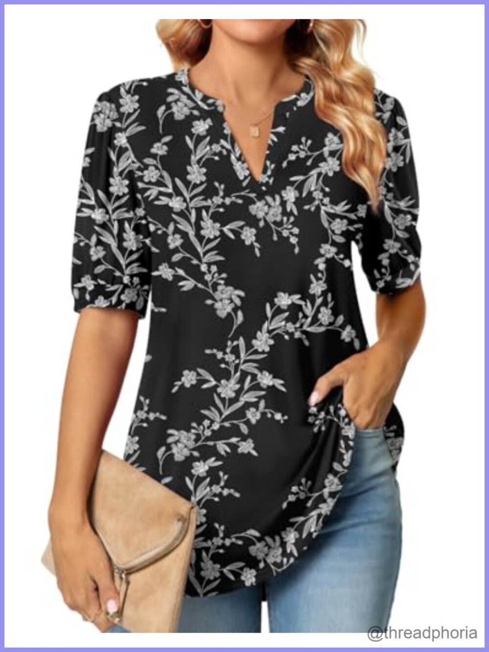 Womens Tunic Top V-Neck Puff Short Sleeve Blouse Casual Work Shirt